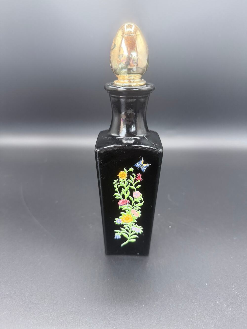 Vintage 1970s Avon Topaze Floral Decanter Black Glass Perfume Bottle Empty